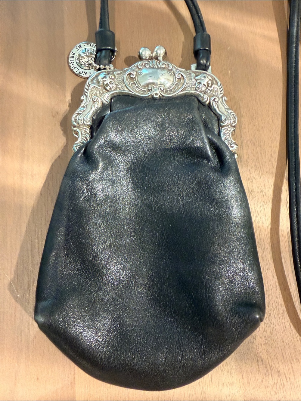 BRIGHTON Black Leather Crossbody Bag with Ornate Silver Frame - Picture 2 of 4